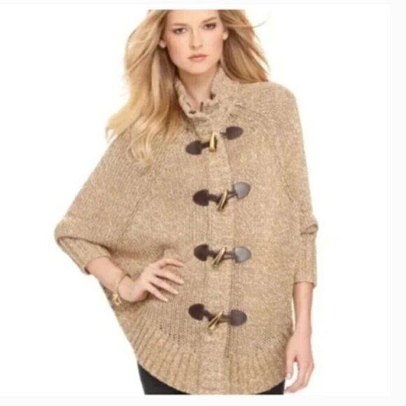 MICHAEL KORS Knit Poncho Cape Sweater Zip Up Cardigan Beige Tan Size S - Picture 1 of 15